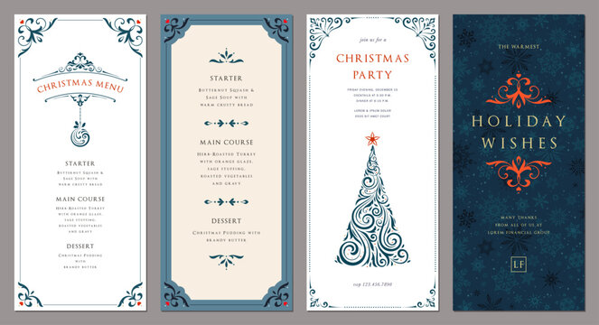 Christmas floral templates 4x9. Universal Winter Holiday cards with decorative Christmas Tree, Christmas ornament, snowflakes background, ornate frames with copy space and greetings. Vector.