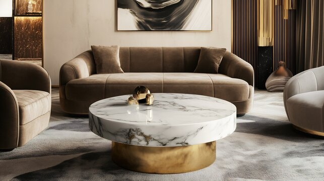 Round marble cocktail table with gold accents positioned in a luxurious hotel lounge with plush velvet sofas soft ambient lighting and modern artwork on the walls for an upscale vibe