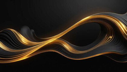 Abstract flowing golden and black waves with light streaks on a dark background
