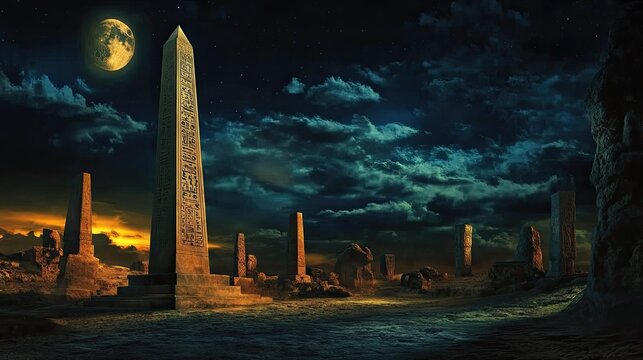 Nightfall over Ancient Egyptian Obelisks - Powered by Adobe
