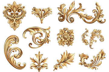 Collection of ornate gold decorative elements isolated on transparent background. Collection set of golden corner ornaments isolated on white background.
