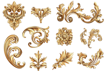 Collection of ornate gold decorative elements isolated on transparent background. Collection set of golden corner ornaments isolated on white background.