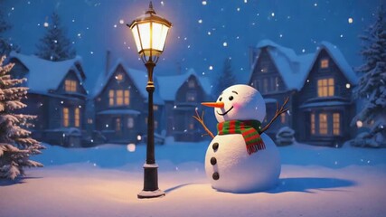 Snowman stands near a lamppost in a snowy village with houses during a winter night scene outdoors christmas snowman video - Powered by Adobe