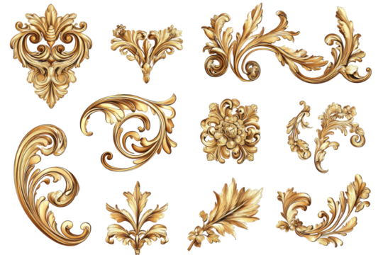 Collection of ornate gold decorative elements isolated on transparent background. Collection set of golden corner ornaments isolated on white background.