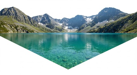 太陽の光が降り注ぎキラキラ輝くエメラルドグリーンの穏やかな湖水と水底まで透き通る透明度で周囲の険しい雪山が鮮やかに映り込む息をのむような神秘的な絶景. AI Generated