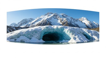 きらめく陽光が照らす神秘的な青い氷の洞窟 水面が輝き雄大な雪山がそびえ立つ冬の絶景パノラマ. AI Generated