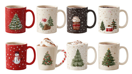 Christmas coffee mugs png set bundle transparent isolated festive holiday cups with cocoa latte tea designs red and green patterns clipart for cards stickers sublimation print crafts and packaging
