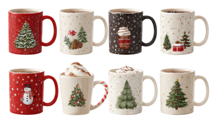 Christmas coffee mugs png set bundle transparent isolated festive holiday cups with cocoa latte tea designs red and green patterns clipart for cards stickers sublimation print crafts and packaging
