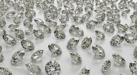 透明度高く精巧にカットされた無数のダイヤモンドが明るい光を浴びて眩い輝きを放ち白い背景を豪華に彩る. AI Generated