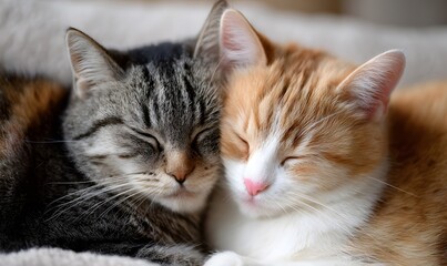 Fototapeta premium Two adorable cats nuzzle closely together, expressing affection and warmth, with their eyes closed and fur softly blending, evoking feelings of comfort and peace.