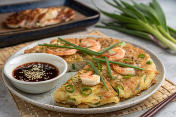Authentic Asian Savory Pancake with Shrimp and Green Onions