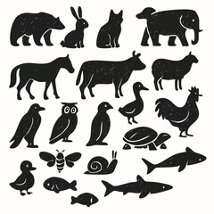 Charming hand drawn black silhouettes of diverse animals forest sea and farm creatures for creative projects