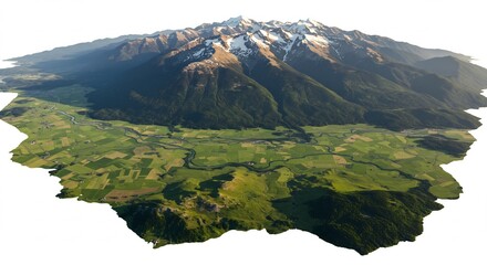 切り抜き加工された白い背景が引き立てる雪化粧の山々と蛇行する川が広がる緑豊かな谷間 澄んだ太陽光が照らす手付かずの壮大な自然のパノラマ. AI Generated