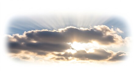 厚くたなびく荘厳な雲の合間から眩いばかりの黄金色に輝く太陽光線が力強くドラマチックに放射状に差し込み大空全体を神秘的な光で満たし心を揺さぶる感動的な絶景. AI Generated
