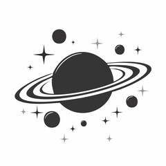 Minimalist black silhouette illustration of a saturn like planet with wide prominent rings evoking a sense of cosmic wonder and celestial beauty in a clean modern design © Sadek