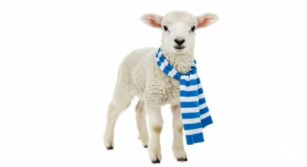 明るい純白のスタジオで青と白のストライプマフラーを巻いたふわふわの愛らしい子羊が無邪気な瞳でカメラを見つめ穏やかに佇む. AI Generated