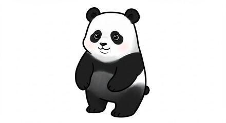 白い余白を活かしたミニマルな背景に佇む愛らしいパンダのイラスト柔らかなタッチで描かれたふわふわの毛並みとほんのり赤らんだ頬と優しい表情が特徴で見る人の心を和ませるデジタルアート作品. AI Generated