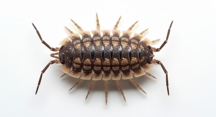 白い背景に明るい光で照らされ鮮明に写るトゲトゲのワラジムシその特徴的な甲羅の細部まで克明に捉えたマクロ写真. AI Generated