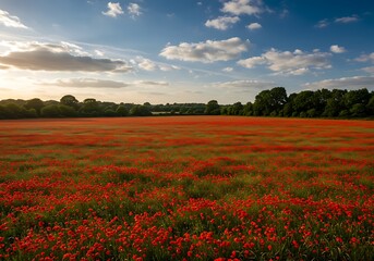 Vibrant poppy field landscape with striking red flowers and blue sky during daytime