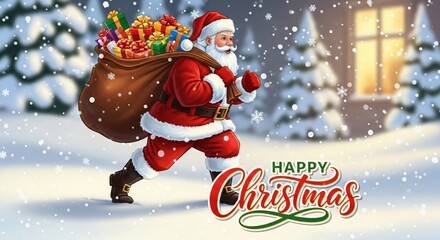 Happy Santa Claus Delivering Christmas Gifts in Snow