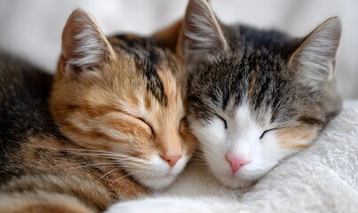 Two adorable cats nuzzle closely together, expressing affection and warmth, with their eyes closed and fur softly blending, evoking feelings of comfort and peace.