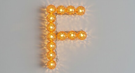 輝く電球が形作るFの文字がシンプルな白い背景に温かく明るい光を放ち美しい視覚効果を生む. AI Generated