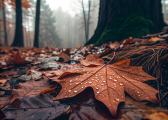 Wet Autumn Leaves Closeup