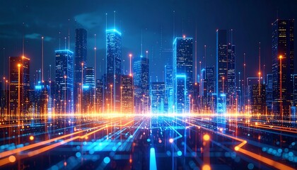 Futuristic Cityscape Glowing Network Lines Connect Buildings at Night  Data Visualization.