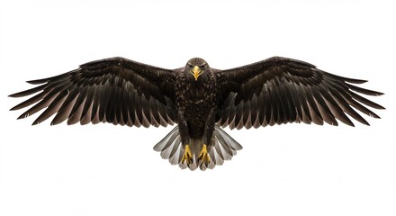 純白の背景にシャープな光が照らし出す威厳あるワシの姿が雄大な翼を大きく広げ力強く空へ舞い上がる躍動的な瞬間を鮮明に描写. AI Generated