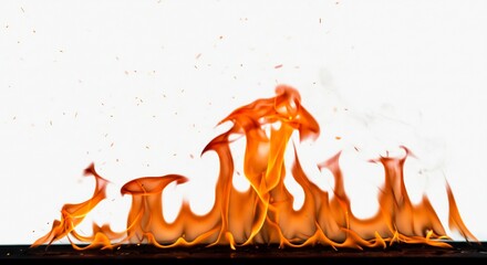 白い背景に力強く燃え上がる鮮やかな炎赤とオレンジの色彩が躍動感あふれる光を放ち美しく揺らめく瞬間. AI Generated