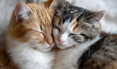 Two adorable cats nuzzle closely together, expressing affection and warmth, with their eyes closed and fur softly blending, evoking feelings of comfort and peace.