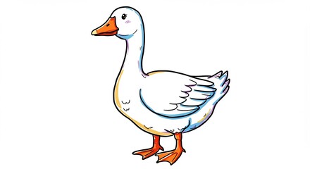 純粋な白い背景に立つふっくら可愛いアヒルの手描き風イラスト穏やかな色使いが心を和ませる素朴で親しみやすい一枚. AI Generated