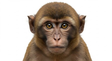 真っ白な背景に映えるかわいい若い猿のポートレート 明るい光が柔らかな毛並みと澄んだ瞳を鮮やかに際立たせる. AI Generated