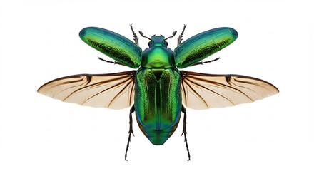 白い背景に鮮明に浮かび上がるメタリックグリーンの甲虫 広げた羽は透明で飛び立つ準備をする姿は光を反射し息をのむほど美しい 完璧な照明で微細な模様まで際立つ. AI Generated
