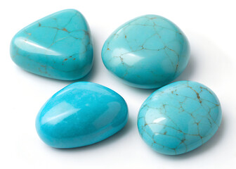 Four Beautiful Turquoise Stones Arranged On A White Isolate Background