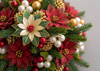 A high-resolution, detailed photograph of a festive and ornate holiday-themed arrangement. The image is richly detailed with various textures and colors, showcasing a close-up view of a craftsmanship-