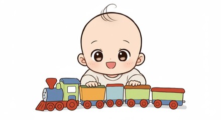 柔らかな光が満ちる空間で赤ちゃんが満面の笑顔 カラフルな電車のおもちゃと無邪気に遊ぶ可愛らしさが際立つ温かい雰囲気のイラストレーション. AI Generated