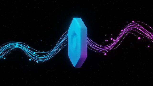 Abstract geometric design featuring a colorful hexagon logo with flowing lines on a dark background