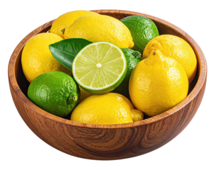 A wooden bowl filled with yellow lemons, green limes, and a halved lime