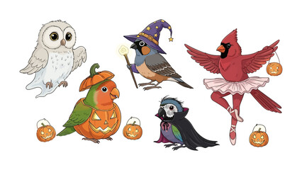 Halloween Birds in Costume: A captivating illustration of whimsical birds, each decked out in delightful Halloween costumes, showcasing creative concept.