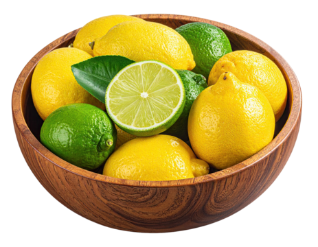 A wooden bowl filled with yellow lemons, green limes, and a halved lime