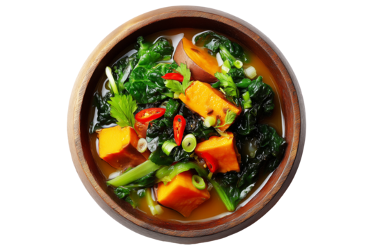 Papua New Guinea Taro and Sweet Potato Stew, thick stew of root vegetables and leafy greens, isolated on white transparent background. Concept of healthy natural food