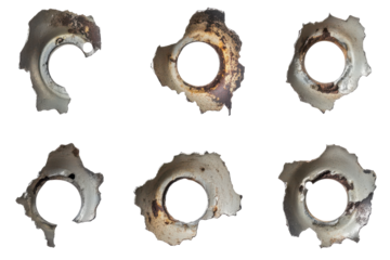 Antique bullet holes isolated on transparent background. Collection set of metal bullet holes isolated on white background.