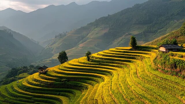 Ultra HD Terraced rice fields video, rice terraces in mu cang chai video, vietnam during harvest season in the morning video, aerial view of rice field video
