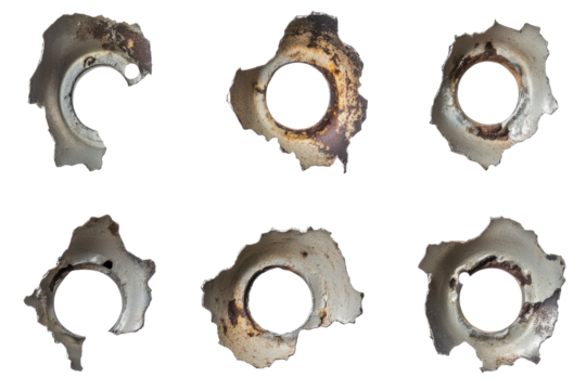 Antique bullet holes isolated on transparent background. Collection set of metal bullet holes isolated on white background.