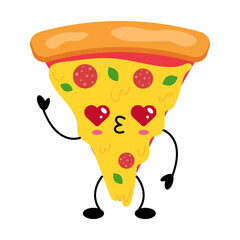 Cute pizza slice kawaii character with heart eyes illustration