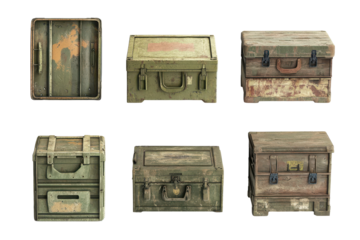 Collection of six vintage military ammunition boxes isolated on transparent background. Collection set of military storage crates isolated on white background.