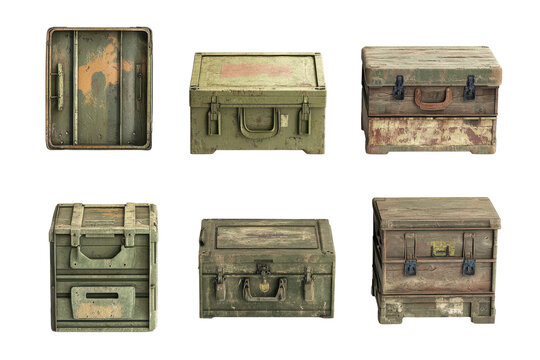 Collection of six vintage military ammunition boxes isolated on transparent background. Collection set of military storage crates isolated on white background.