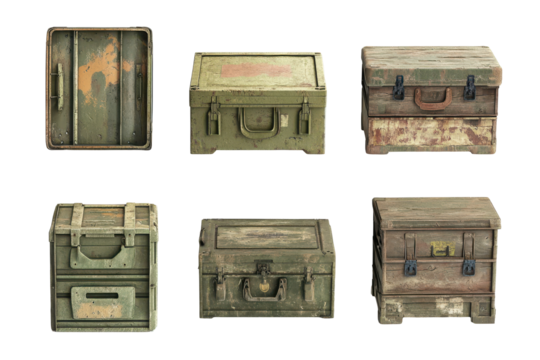 Collection of six vintage military ammunition boxes isolated on transparent background. Collection set of military storage crates isolated on white background.