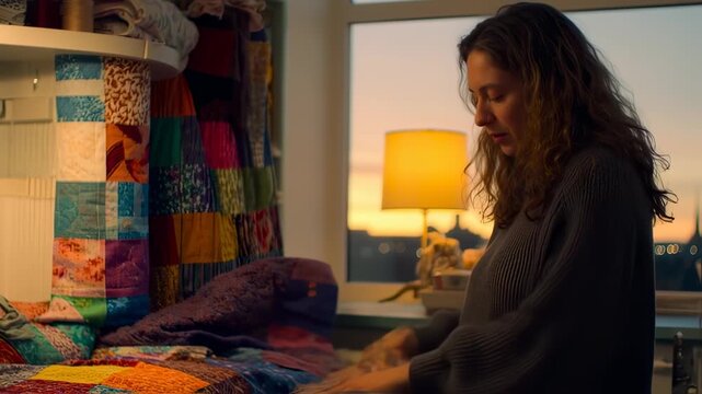 A woman sews colorful fabrics, creating a warm, inviting atmosphere indoors
